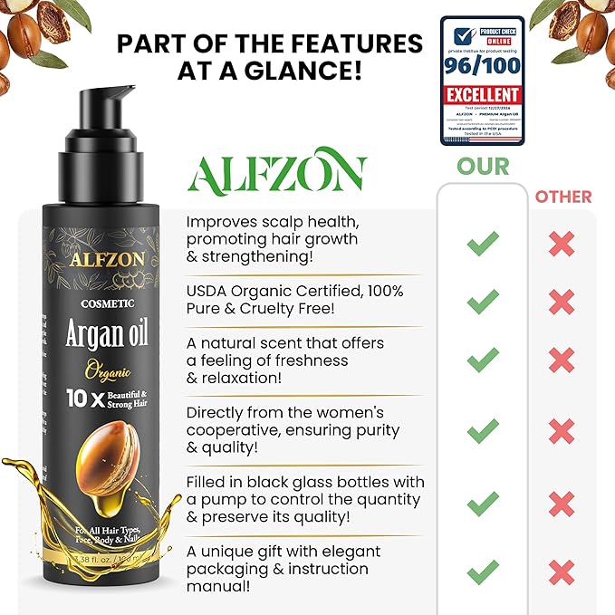 𝓐𝓛𝓕𝓩𝓞𝓝 Moroccan Argan Oil 100% Pure USDA Organic, Cold Pressed, Hair Treatment & Growth For Dry, Damaged, Curly & Frizzy Hair, Skin, Face, Body & Beard, Anti Aging For Women & Men, Large 3.38 oz