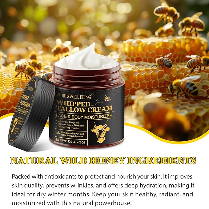 WHLH & WELL-BEING Beef Tallow for Skin, Beef Tallow and Honey Balm, Moisturizer for Face & Body Skin Care(1Pack)