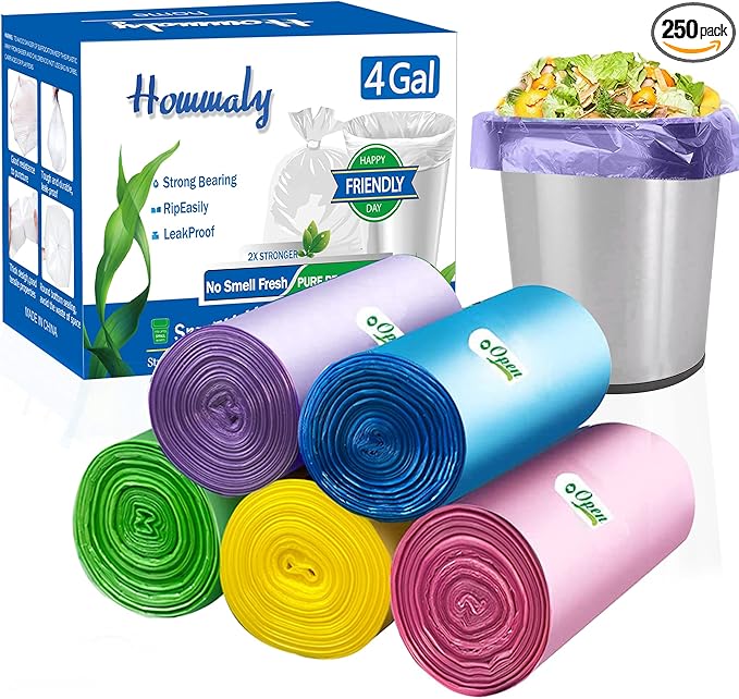 4 Gallon Small Garbage Bags 250 Counts,Trash Bag Bin Liners, 12-15 Liters Bin Bags Wastebasket Bags for home office kitchen Trash Can,Bathroom,Bedroom 5 Color