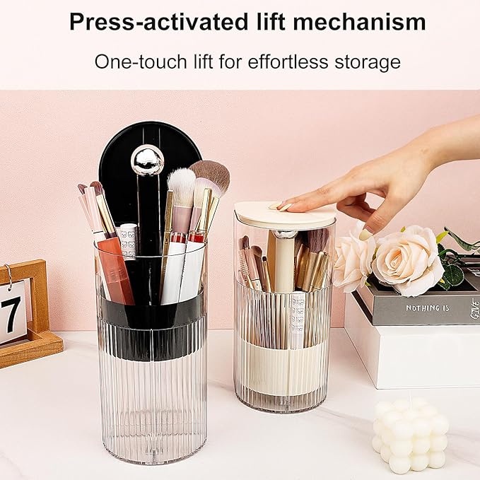 JessLab One-Touch Pop-Up Makeup Brush Organizer with Lid, Dustproof Cosmetic Brush Holder, 4-Compartment Large Capacity for Vanity, Bathroom Countertop, White
