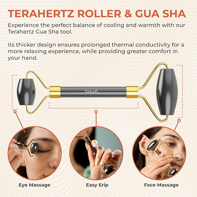Terahertz Gua Sha & Facial Roller Set – 100% Authentic Terahertz Stone Face Roller to Reduce Puffiness, Improve Wrinkle Lines & Relieve Facial Tension – Perfect for Eye Massage and Relaxation