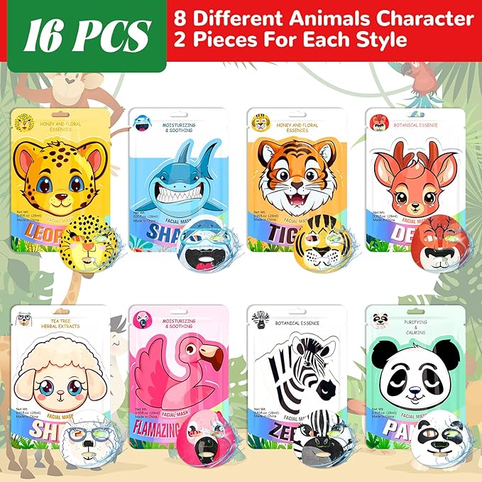 16 Pcs Animal Face Masks Bulk Animal Character Sheet Skincare Facial Mask for Women Face Spa Party Gifts, Holiday Night, Birthday Party Supplies