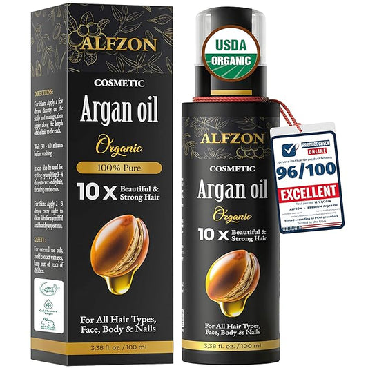 𝓐𝓛𝓕𝓩𝓞𝓝 Moroccan Argan Oil 100% Pure USDA Organic, Cold Pressed, Hair Treatment & Growth For Dry, Damaged, Curly & Frizzy Hair, Skin, Face, Body & Beard, Anti Aging For Women & Men, Large 3.38 oz