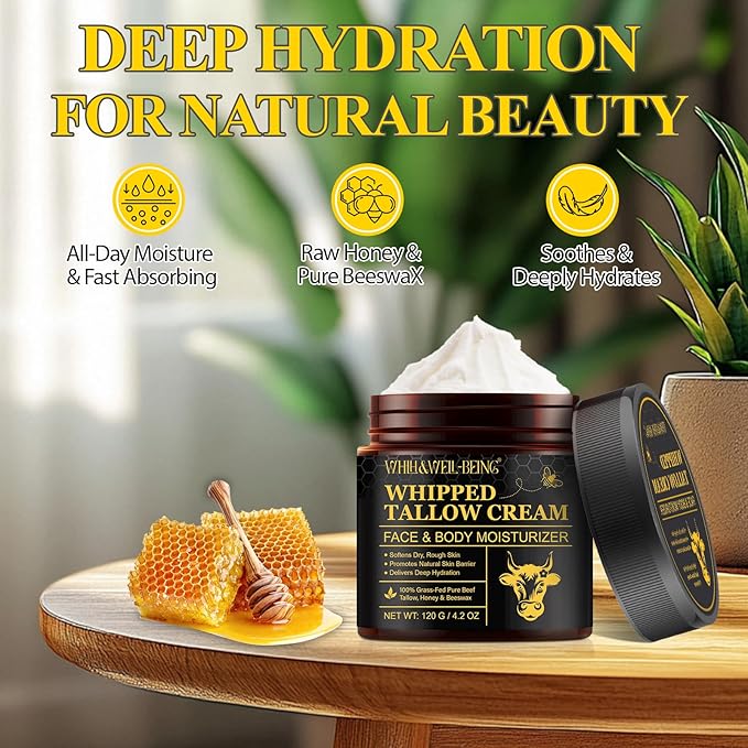 WHLH & WELL-BEING Beef Tallow for Skin, Beef Tallow and Honey Balm, Moisturizer for Face & Body Skin Care(1Pack)