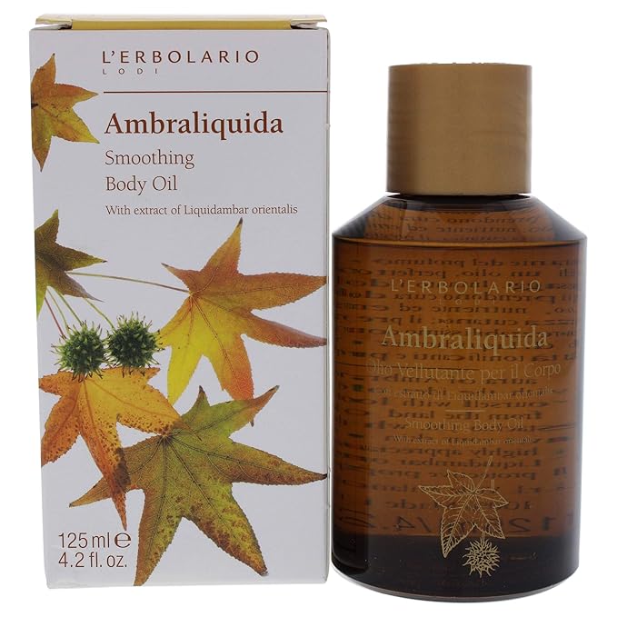 L’Erbolario Ambraliquida Smoothing Body Oil - Firming, Anti-Aging, Dry Skin Moisturizer - Massage and Vitamin E Oil with Liquidambar Extract - 4.2 oz