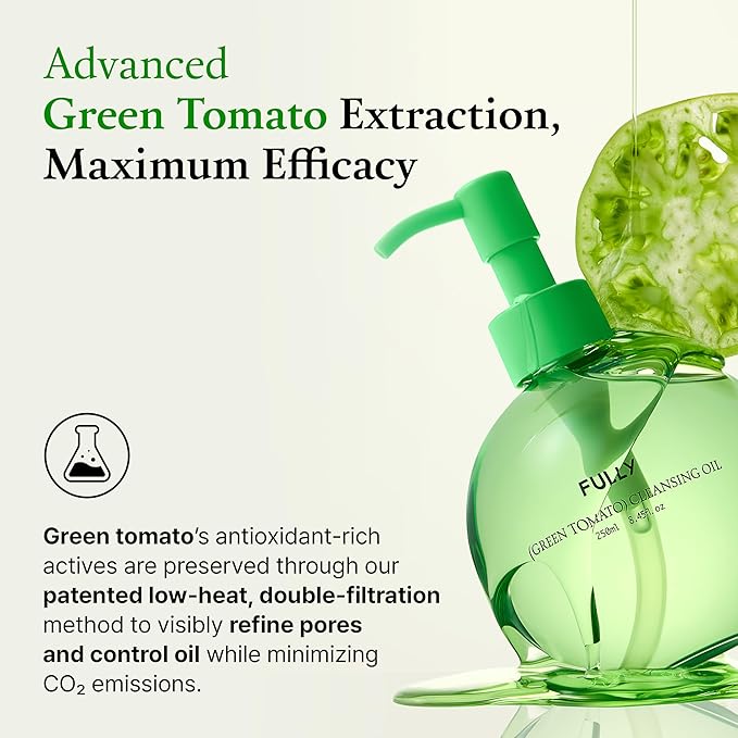 FULLY Green Tomato Pore Cleansing Oil, Daily Oil Cleanser with BHA & Green Tomato for Makeup Removal, Sebum Control, Blackhead Removal for Sensitive Skin, Vegan Korean Skincare, 8.45 fl.oz