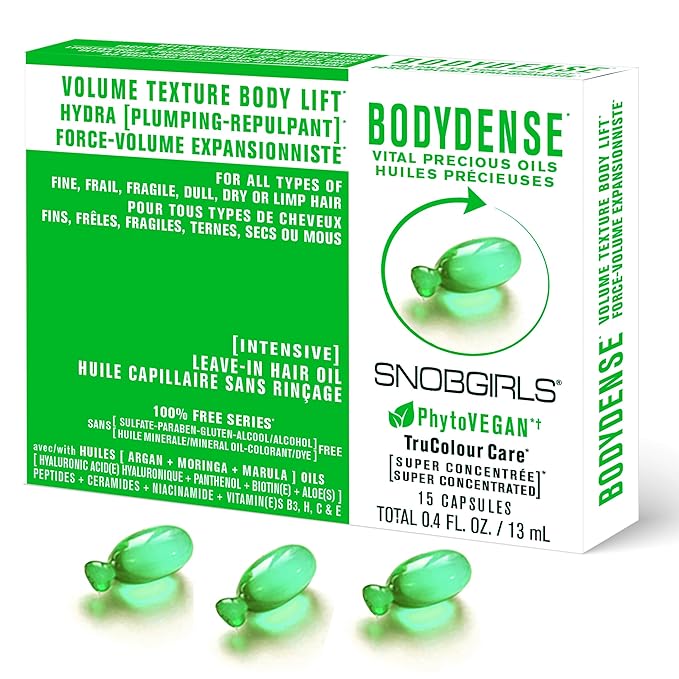 Volumizing Hair Oil Capsules – SNOBGIRLS BODYDENSE – Vegan Leave-In Serum for Fine, Limp or Fragile Hair – With Argan Oil, Peptides & Ceramides – Fuller-Looking Body & Shine – 15 Ct