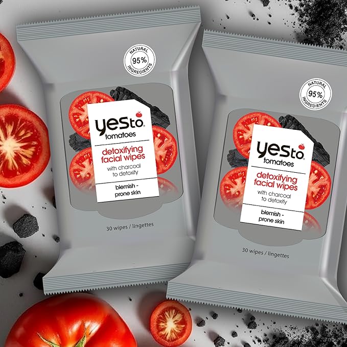 Yes To Face Wipes for Women and Men, Charcoal Facial Cleansing Wipes for use as a Make Up Remover, Cleaning, Soothing, Tomatoes (Pack of 2)