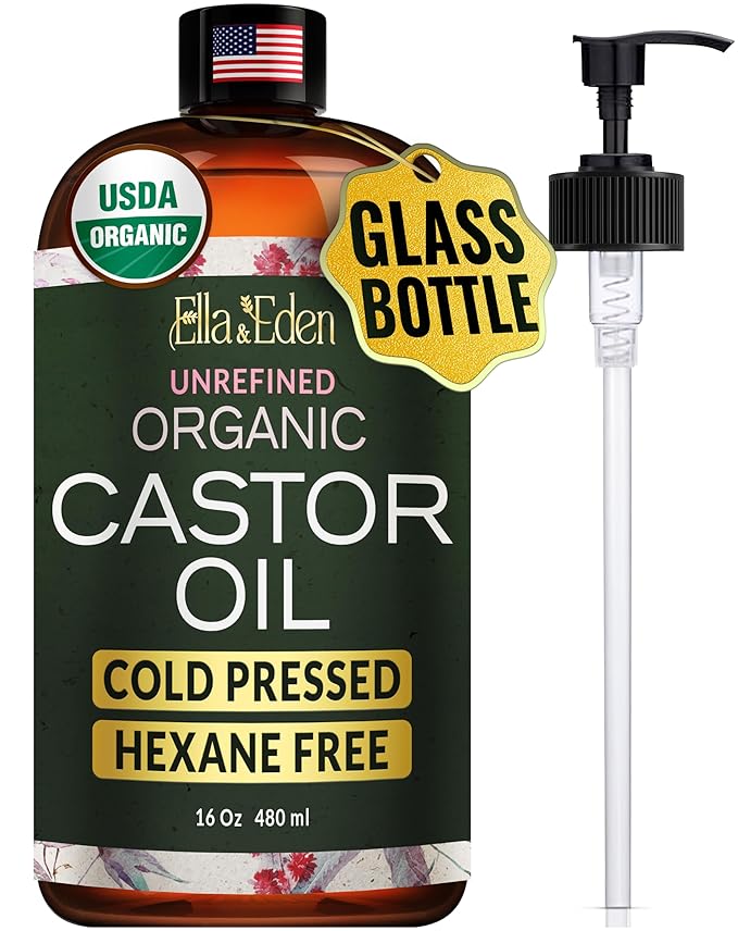 Ella & Eden Castor Oil Organic – Cold Pressed Hexane-Free Unrefined Glass Bottle | Castor Oil For Hair Growth, Face, Skin | USDA Certified 100% Pure – 16 Oz