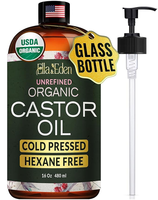 Ella & Eden Castor Oil Organic – Cold Pressed Hexane-Free Unrefined Glass Bottle | Castor Oil For Hair Growth, Face, Skin | USDA Certified 100% Pure – 16 Oz