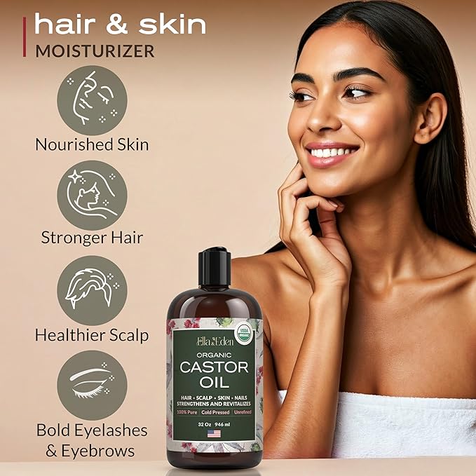 Ella & Eden Organic Castor Oil – Cold-Pressed, Hexane-Free, USDA Certified, Unrefined & 100% Pure | For Hair Growth, Skin and Face – 32 fl oz