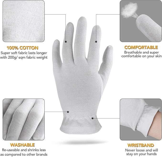 M Medium 10 Pairs 100% Premium Cotton Gloves for Dry Hands | Moisturizing Overnight Gloves for Eczema, Psoriasis & Skin Spa Treatment for Women & Men | Washable & Reusable with Free Laundry Bag