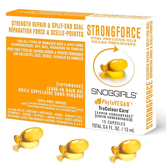 Strength Repair Hair Oil Capsules – SNOBGIRLS STRONGFORCE – Vegan Leave-In Serum for Weak or Breakage-Prone Hair – With Argan, Peptides & Ceramides – Split-End Sealer & Shine – 15 Ct