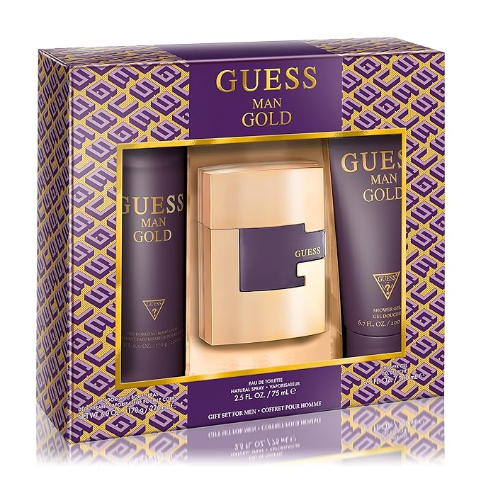GUESS Man Gold 3 Pieces Gift Set for Men, (2.5 Ounce Eau de Toilette Spray + 6.0 Deodorant Spray + 6.7 Shower Gel)