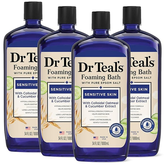 Dr Teal's Foaming Bath with Pure Epsom Salt, Sensitive Skin with Colloidal Oatmeal & Cucumber, 34 fl oz (Pack of 4)