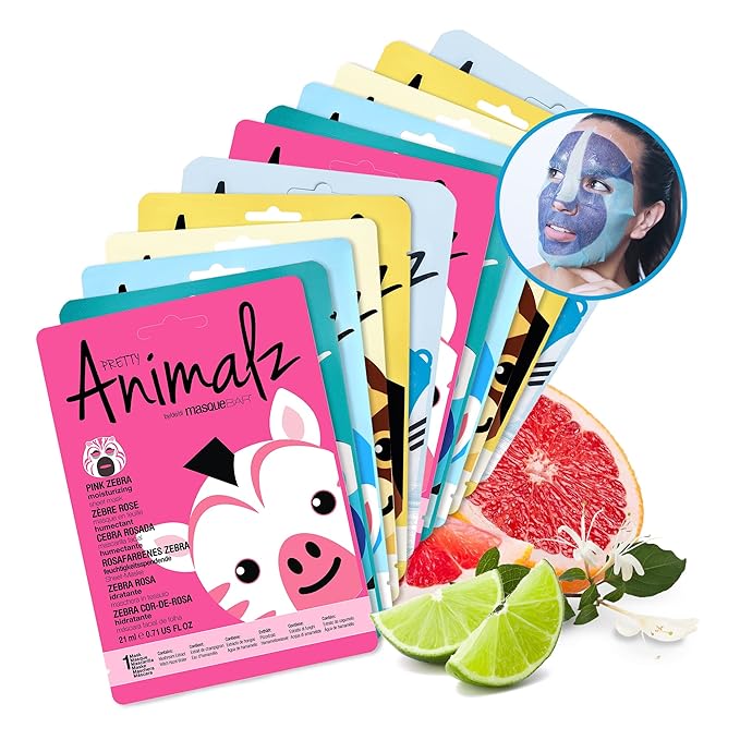 masque BAR Pretty Animalz Animal Character Sheet Mask, Korean Skin Care, Korean Spa Masks for All Skin Types, Spa Gifts, Birthday Party Gifts, Girls' Night, Skincare Party, Assorted Pack of 12