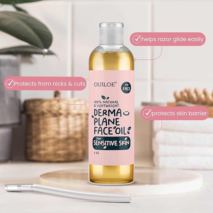 Dermaplane Oil for Women with Sensitive Skin - Face Shaving Oil - Non Comedogenic, Fragrance Free, Natural & Lightweight - Use with Dermaplane Razor for Women Face, 2oz by Ouiloe