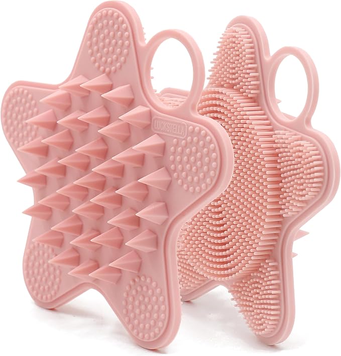 LUCKSTELLA 100% Silicone Dual-Sided Shower Brush – Star-Shaped Body Scrubber & Scalp Massager, Gentle for Hair & Skin (Pink)