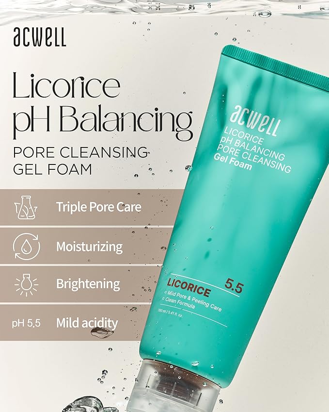 ACWELL Licorice pH Balancing Pore Cleansing Gel Foam - Gentle, Hypoallergenic Facial Cleanser for Clear, Smooth Skin, Deep Pore Cleaning with Licorice Extract, LHA, for All Skin Types, 5.4 fl.oz.