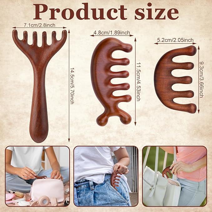 3 Pcs Wooden Head Scalp Massager Comb, Head Massage Tool for Relaxation Hair Gua Sha Comb for Mother,Gaughter,Wife