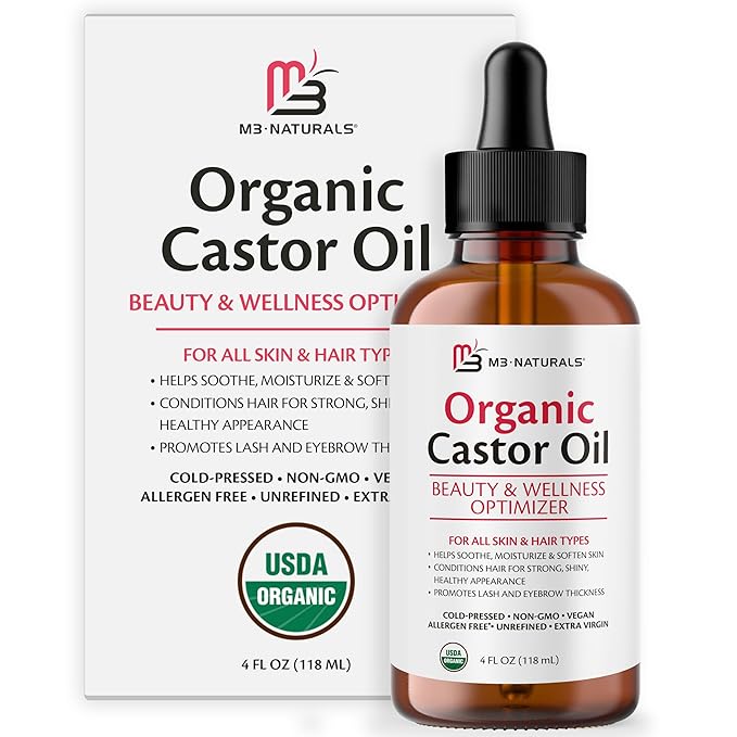 100% Pure Organic Castor Oil for Hair, Lash and Eyebrow Growth, Lymphatic Drainage, Stomach Discomfort and Skin Hydration | Hexane-Free, Cold Pressed, Unrefined in a 4 fl oz Glass Bottle with Dropper