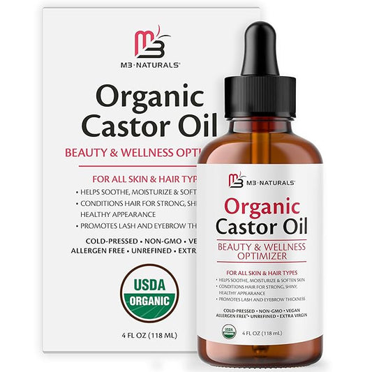 100% Pure Organic Castor Oil for Hair, Lash and Eyebrow Growth, Lymphatic Drainage, Stomach Discomfort and Skin Hydration | Hexane-Free, Cold Pressed, Unrefined in a 4 fl oz Glass Bottle with Dropper