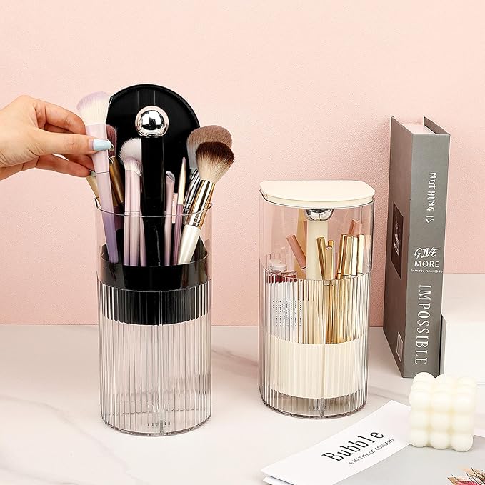 JessLab One-Touch Pop-Up Makeup Brush Organizer with Lid, Dustproof Cosmetic Brush Holder, 4-Compartment Large Capacity for Vanity, Bathroom Countertop, Black