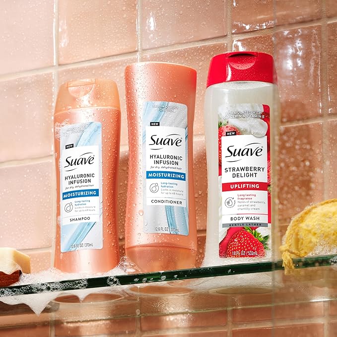 Suave Strawberry Delight Uplifting Body Wash, Formulated with Glycerin and Vitamin E for Hydrating and Gently Cleansing Skin, 18 oz, 6 Pack