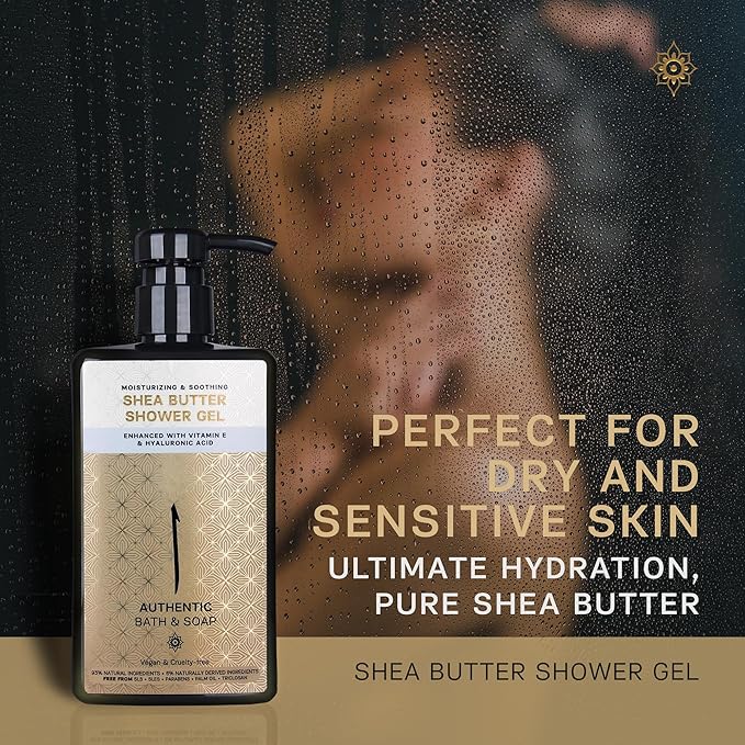 AUTHENTIC BATH & SOAP All Natural - Organic Shea Butter Body Oil with Vitamin E & Hyaluronic Acid, Moisturizing, Hydrating Shower Gel for Men & Women, Cruelty Free & Vegan, Paraben Free 16.9 Fl Oz