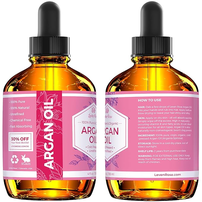 Leven Rose Argan Oil for Face, Hair and Skin - 4 oz 100% Pure Moroccan Cold-Pressed Organic