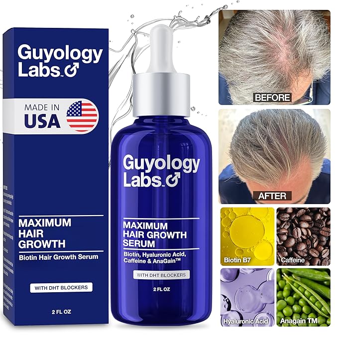 "Guyology Labs Biotin Hair Growth Serum for Men, Women & All Types of Hair - DHT Blocker & Scalp Serum - Hyaluronic Acid, Citrus - Anti Thinning Hair - Anti Hair Loss - Hair Regrowth - Made in USA"